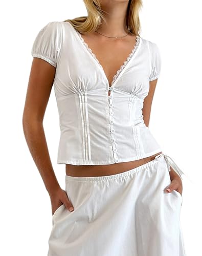 Y2K Short Sleeve Babydoll Tops for Women Cute Aesthetic U Neck Teen Girls Tshirt Ruffle Hem Patchwork Peplum Shirts