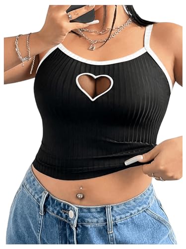 Women's Plus Size Cami Crop Tops Contrast Mesh Spaghetti Strap Summer Top