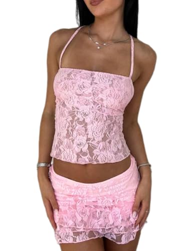 Women Y2K Lace 2 Piece Skirt Set Floral Lace Fitted Crop Cami Top See Through Low Waist Skirt Outfit Streetwear