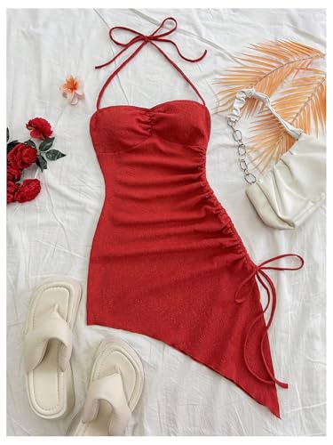 Women's Floral Print Halter Dress Sleeveless Drawstring Asymmetrical Hem Bodycon Dress