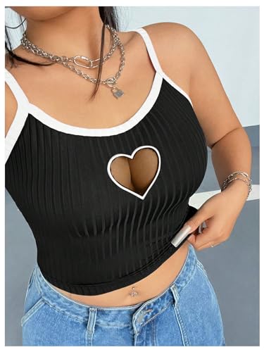 Women's Plus Size Cami Crop Tops Contrast Mesh Spaghetti Strap Summer Top