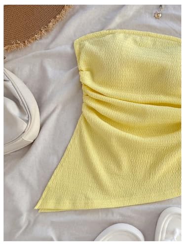 Women's Strapless Asymmetrical Tube Tops Sleeveless Ruched Crop Bandeau Summer Going Out Backless Top Dressy