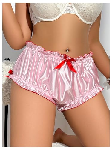 Women's Plus Size Satin Panty Brief Bow Front Lace Trim Breathable Silky Underwear