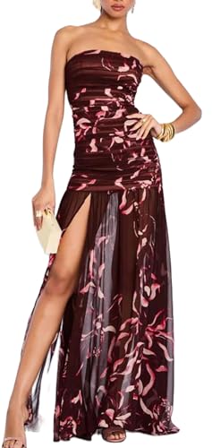 Women Y2k Floral Strapless Dress Sexy Backless Tube Maxi Dress Sleeveless Mesh Bodycon Long Dress