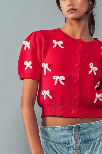 Women Short Sleeve Cardigans Cute Y2k Crop Tops Bow Tie Button Down Knitted Shirts Lightweight Cardigan Sweaters