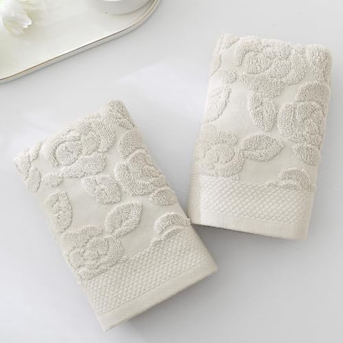 Rose Hand Towel Set of 2 Super Soft 100% Cotton Embossed Floral Pattern Highly Absorbent Decorative Bath Hand Towels for Bathroom 13x 29 Inch