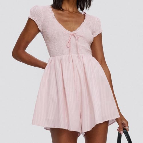 Women's Gingham Mini Dress Short Sleeve Bow Deep V Neck Smocked Waist Slim Fit Retro Plaid Dresses Y2k Sundress