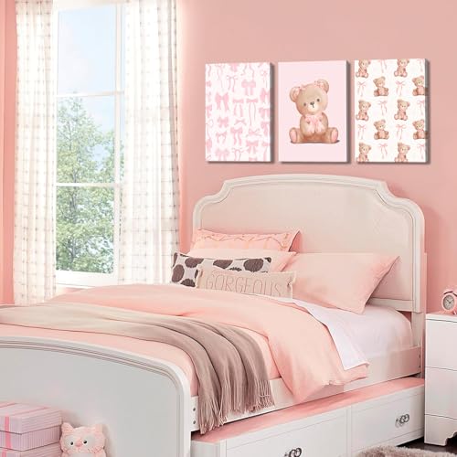Pink Teddy Bear Wall Art Coquette Bow Wall Decor Pictures Cute Animal Nursery Canvas Posters Prints 3Pcs