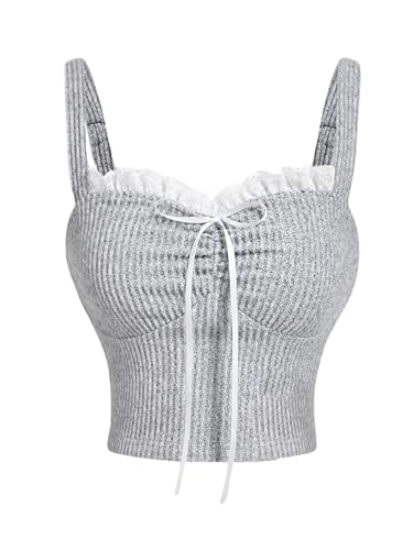 Women's Frill Trim Bow Front Camisole Tank Tops Rib Knit Sleeveless Top