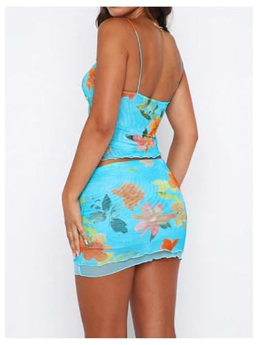 Women's Summer Mesh Mini Skirt Sets 2 Piece Sexy Crop Camisole Tops Skirts Y2K Suit Going Out Outfits