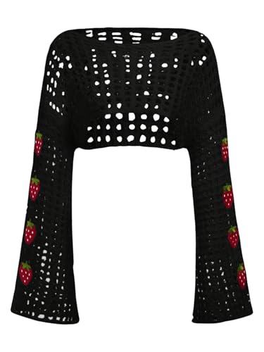 Women's Crochet Hollow Out Y2k Long Sleeve Cropped Knit Sweater Top