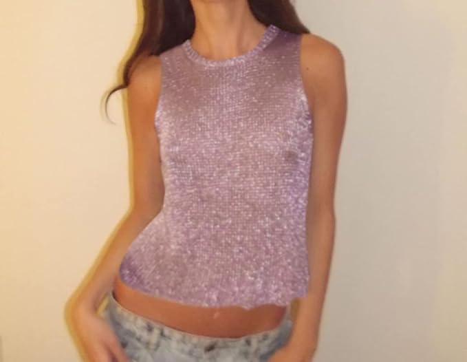 Women Sexy Fishnet Knit Glittering Crop Tank Top Sheer Mesh Sleeveless Crewneck Solid Slim Cropped Tops