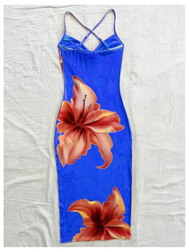 Women's Floral Print Split Thigh Bodycon Dress Criss Cross Skinny Long Cami Dresses