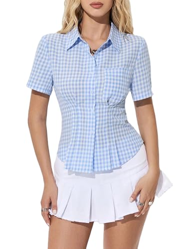 Y2k Fairy Plaid Button Down T Shirts Women Short Sleeve V Neck Aesthetic Tee Shirts Slim Fit Gingham Crop Top
