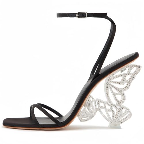 Rhinestone Butterfly Stilletos Heels Sandals for Women, Open Pointed High Heels Sandals Ankle Strap Buckles
