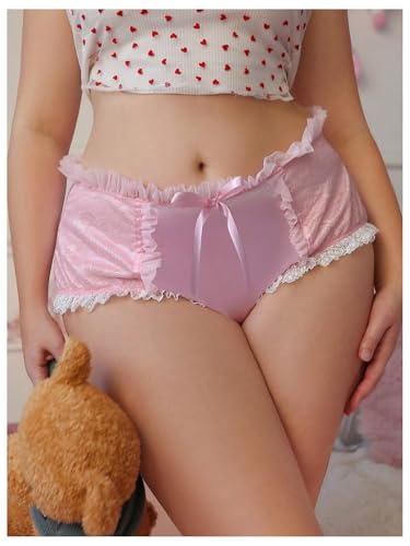 Women's Plus Size Satin Panty Brief Bow Front Lace Trim Breathable Silky Underwear