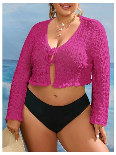 Women's Plus Size V Neck Long Flounce Sleeve Tie Front Knit Crop Cardigan