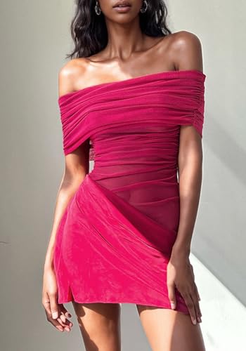 Women's Off The Shoulder Sheer Mesh Mini Dress Ruched Dresses Sexy See Through Y2k Short Dress