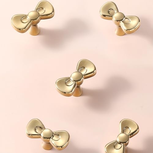 Gold Brass Small Bow Knobs Cute Dresser Drawer Handles Kitchen Cabinet Pulls Art Deco Single Hole Decorative Knobs Modern Furniture Hardware for Closet Cupboard
