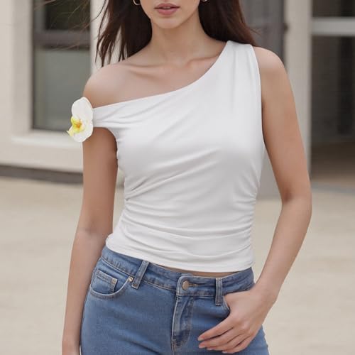 Women 3D Floral Crop Top Casual Solid Color Ruched Front Babytee Summer Off Shoulder Slim Fit Streetwear Shirt