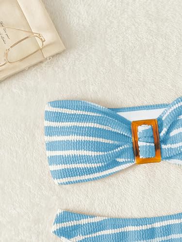 Women's 2 Piece Strapless Swimsuit Striped Bandeau High Waisted Thong Bikini Set Bathing Suit