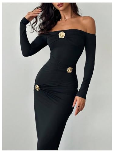 Women's Flower Off The Shoulder Bodycon Maxi Dress Long Sleeve Ruched Dresses Wedding Guest Going Out Dress