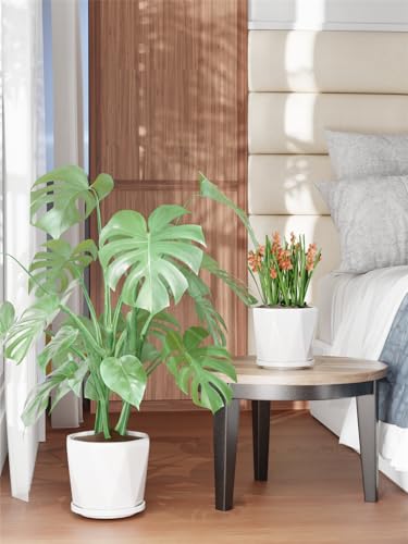 Ceramic Plant Pots Indoor, 8.6+7.1+5.5 Inch Planters with Drainage Holes and Saucers Set of 3 Large Flower Pots