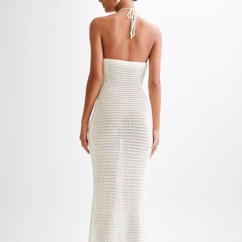 Women Halter Hollow Out Knitted Mini Dress Sexy Crochet 3D Flower Mini Dress