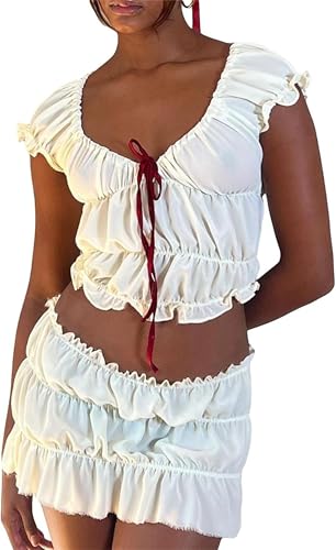 Women's Sexy Ruffle 2 Piece Sets Short Sleeve Bow Tie Front Crop Tops and Smocked Ruched Shorts Loungewear
