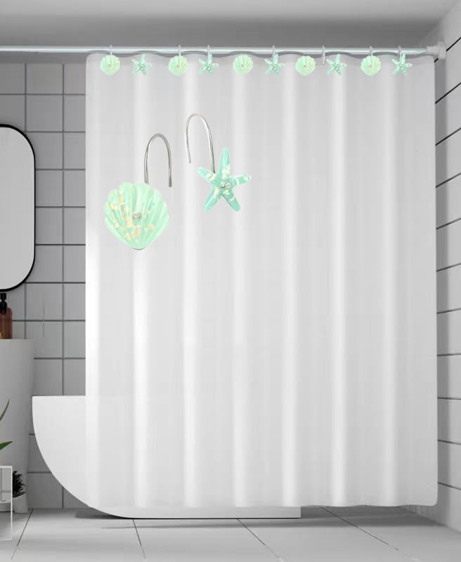 Seashell Shower Curtain Hooks, 12PCS Stainless Steel Anti Rust Starfish and Seashell Decorative Shower Hooks Ocean Theme Shower Curtain Hooks for Home Bathroom