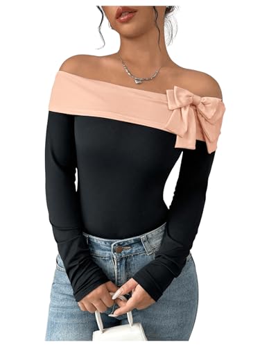 Women's Colorblock Bow Tie Off Shoulder Long Sleeve Bodysuit Elegant Tops