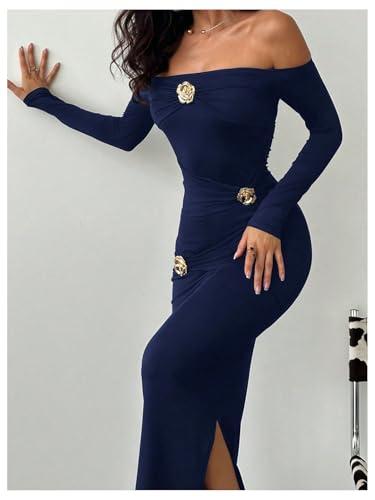 Women's Flower Off The Shoulder Bodycon Maxi Dress Long Sleeve Ruched Dresses Wedding Guest Going Out Dress