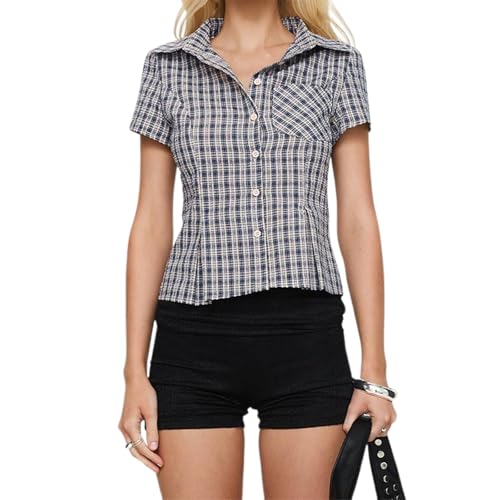 Y2k Fairy Plaid Button Down T Shirts Women Short Sleeve V Neck Aesthetic Tee Shirts Slim Fit Gingham Crop Top