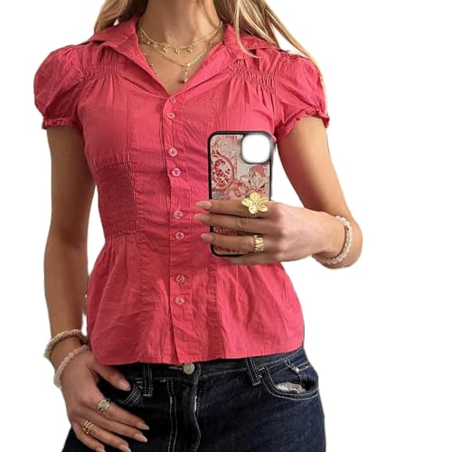 Y2k Fairy Plaid Button Down T Shirts Women Short Sleeve V Neck Aesthetic Tee Shirts Slim Fit Gingham Crop Top