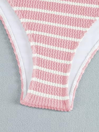 Women's 2 Piece Strapless Swimsuit Striped Bandeau High Waisted Thong Bikini Set Bathing Suit