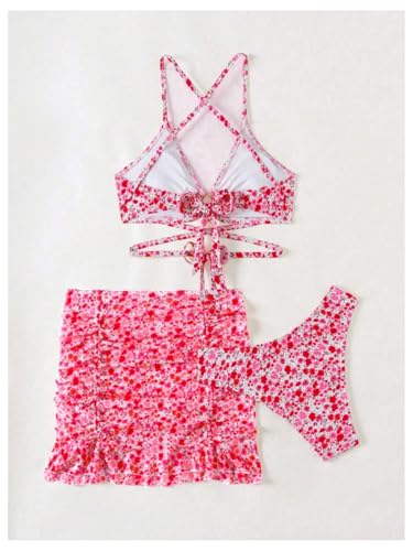 Women's 3 Piece Swimsuits Floral Criss Cross Halter Thong Bikini Sets Bathing Suit with Cover Up Ruffle Skirts
