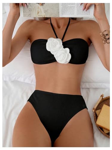 Women's 2 Piece Halter Swimsuit 3D Flower Appliques Bandeau Tummy Control Bikini Set