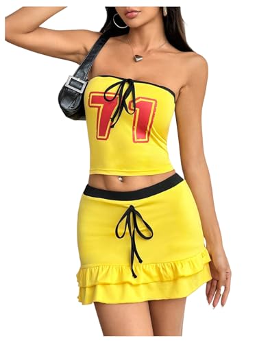 Women's Two Piece Outfit Number Print Strapless Tube Crop Tops and Ruffle Tiered Mini Skirt Set