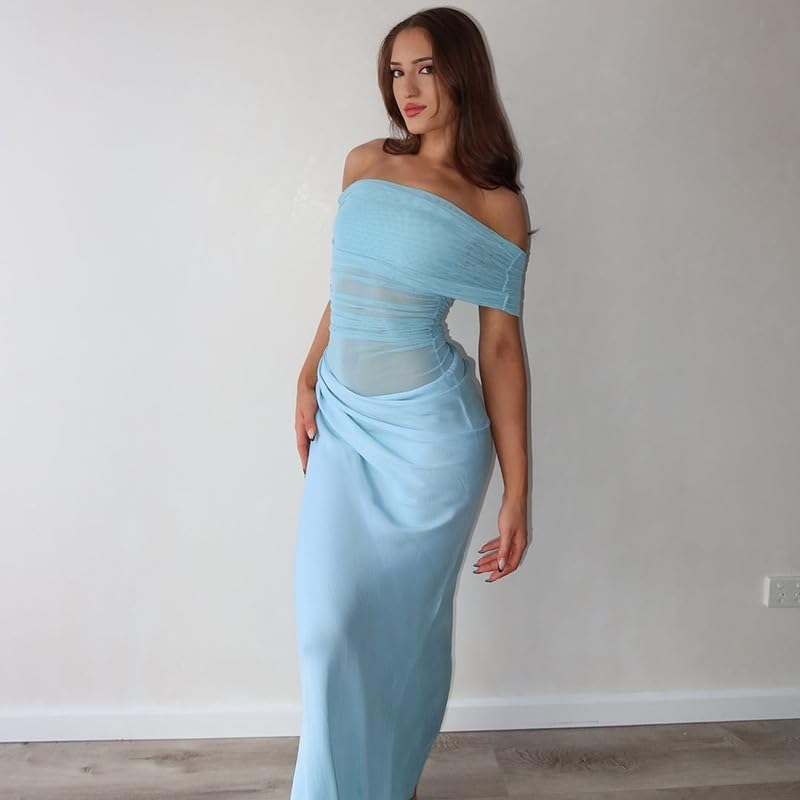 Women Off Shoulder Bodycon Maxi Dress Layered Mesh Ruched Hollow Out Dresses
