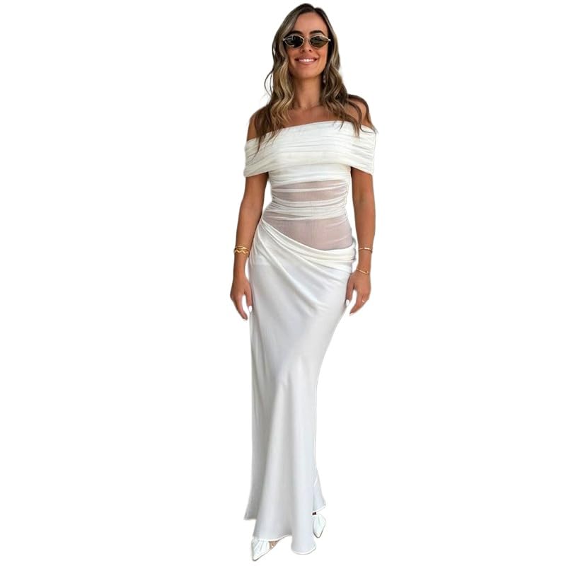 Women Off Shoulder Bodycon Maxi Dress Layered Mesh Ruched Hollow Out Dresses