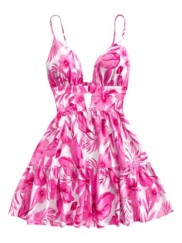 Women's Sleeveless Butterfly Print Cut Out V Neck Tiered Mini Cami Dresses