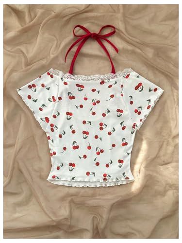 Women's Cherry Print Lace Trim Tee Shirt Halter Neck Short Sleeve Crop Tops