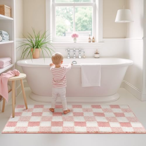 Checkered Bathroom Rugs, Fluffy Rug, Absorbent Microfiber Ultra Soft Bath Mat Washable, Non-Slip Bath Mats for Bathroom, Cute Floor Mat