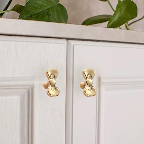 Gold Brass Small Bow Knobs Cute Dresser Drawer Handles Kitchen Cabinet Pulls Art Deco Single Hole Decorative Knobs Modern Furniture Hardware for Closet Cupboard