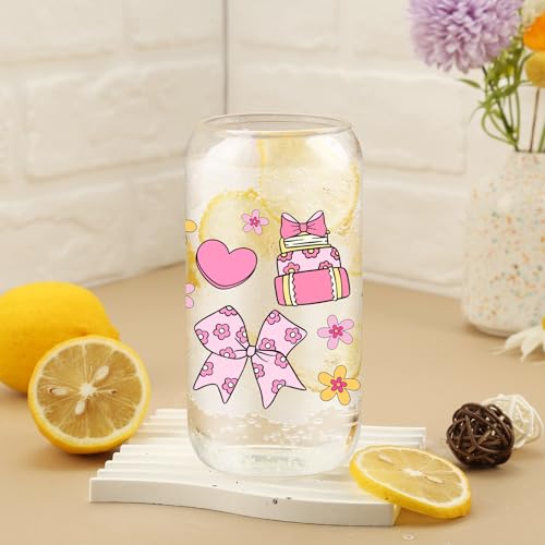 Cherry Bow Cup, Birthday Gifts for Women, Girly Gifts for Her, Sister, Mom, Colleague - 16 OZ Glass Tumbler with Straw & Lid, Coquette Iced Cup