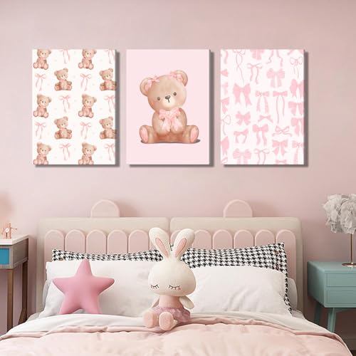 Pink Teddy Bear Wall Art Coquette Bow Wall Decor Pictures Cute Animal Nursery Canvas Posters Prints 3Pcs