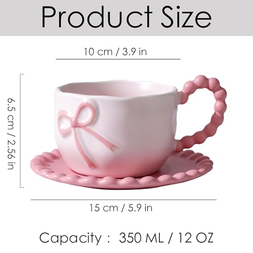 Coquette Bow Coffee Mug Personalized Set with Saucer Mug Porcelain Coffee Tea Cup 12oz