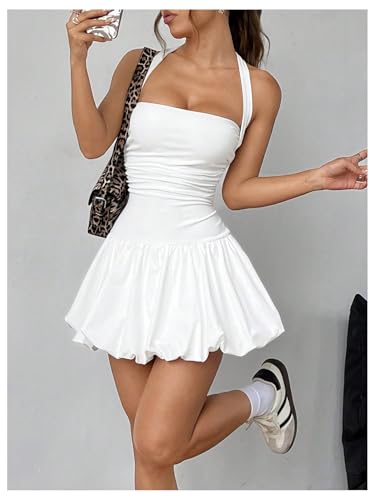 Women's Bubble Mini Dress Halter Backless Ruched Y2K Short Sundress with Built-in Shorts