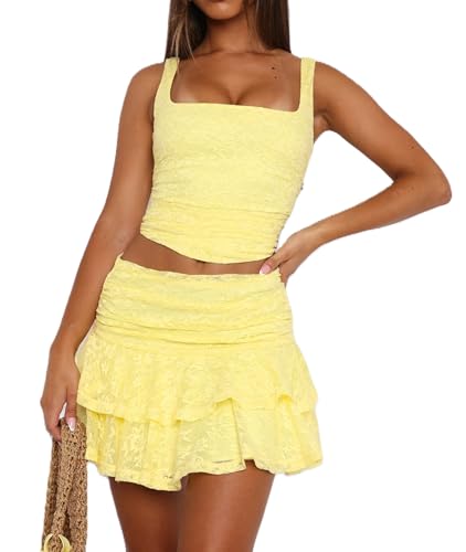 Women Y2K Lace 2 Piece Skirt Set Floral Lace Fitted Crop Cami Top See Through Low Waist Skirt Outfit Streetwear