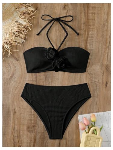 Women's 2 Piece Halter Swimsuit 3D Flower Appliques Bandeau Tummy Control Bikini Set